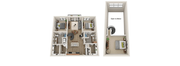 A floor plan of a two-bedroom apartment with a living room, kitchen, and bathroom.