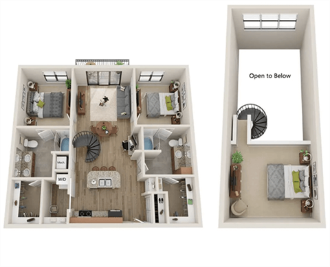 A floor plan of a two-bedroom apartment with a living room, kitchen, and bathroom.