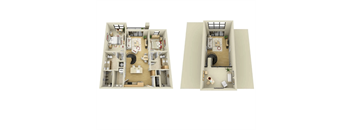 Two images of a house layout with a kitchen, living room, bedrooms and bathrooms.