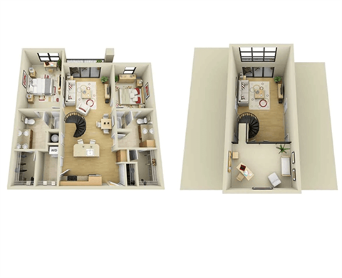 Two images of a house layout with a kitchen, living room, bedrooms and bathrooms.