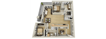 A 3D floor plan of a house with a kitchen, living room, and bathroom.