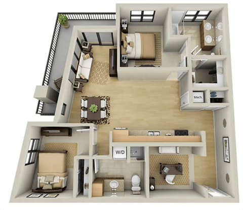A 3D floor plan of a house with a kitchen, living room, and bathroom.