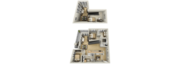 Two images of a house layout with a kitchen, living room, and bedrooms.