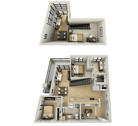 Two images of a house layout with a kitchen, living room, and bedrooms.