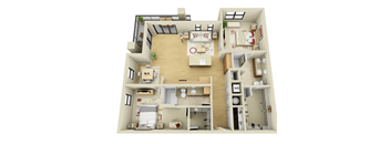 A 3D rendered image of a two-story apartment layout.