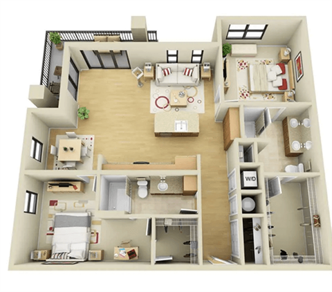 A 3D rendered image of a two-story apartment layout.