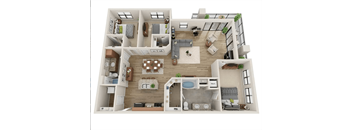 A detailed 3D floor plan of a modern apartment layout.