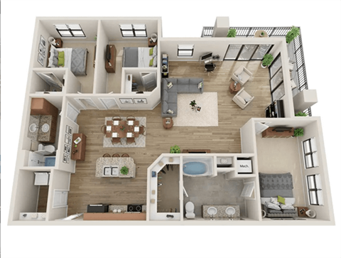 A detailed 3D floor plan of a modern apartment layout.