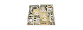 A 3D model of a house layout with a kitchen, living room, and bathroom.