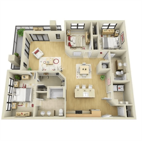 A 3D model of a house layout with a kitchen, living room, and bathroom.