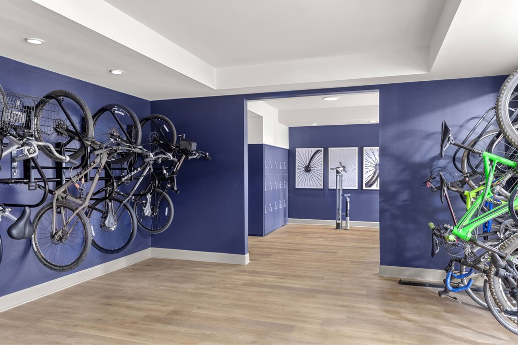 A room with a blue wall and a bicycle rack.
