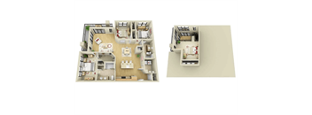 Two floor plans of a house with a kitchen, living room, and bedrooms.