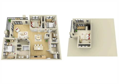 Two floor plans of a house with a kitchen, living room, and bedrooms.