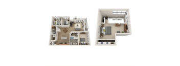 A floor plan of a two-bedroom apartment with a kitchen and living room.