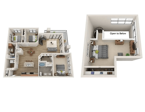 A floor plan of a two-bedroom apartment with a kitchen and living room.
