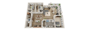 A 3D floor plan of a house with multiple rooms and furniture.
