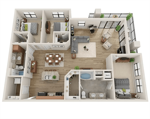 A 3D floor plan of a house with multiple rooms and furniture.
