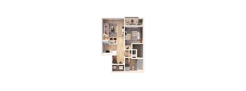 A floor plan of a house with a kitchen, living room, and two bedrooms.