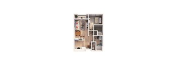 A dollhouse with a kitchen, living room, and bedroom.