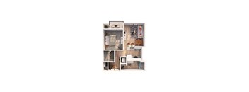 A dollhouse with a kitchen, living room, and bathroom.