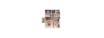 A top down view of a small apartment with a kitchen, living room, and bathroom.