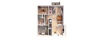 A floor plan of a small apartment with a kitchen, living room, and bedroom.