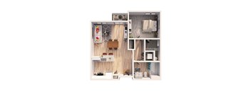 A dollhouse with a kitchen, living room, and bathroom.