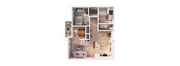 A top-down view of a small apartment with a kitchen, living room, and bathroom.