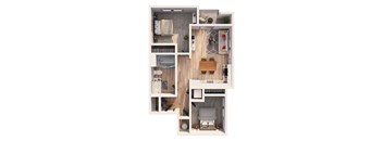 A top-down view of a small apartment with a kitchen, living room, and bathroom.