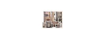 A dollhouse with a kitchen, living room, and bathroom.