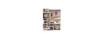 A top-down view of a small apartment with a kitchen, living room, and bathroom.