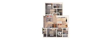 A floor plan of a house with a living room, kitchen, dining room, and bedrooms.