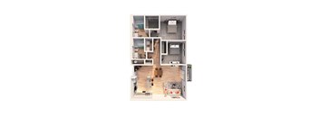 A floor plan of a house with a kitchen, living room, and two bedrooms.