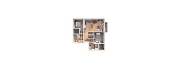 A dollhouse with a living room, kitchen, and bedroom.