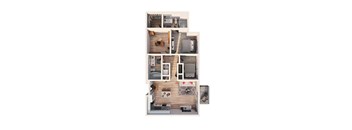 A top-down view of a small apartment with a kitchen, living room, and bedroom.
