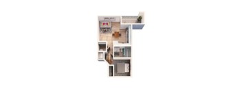 A top-down view of a small apartment with a kitchen, living room, and bathroom.