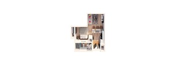 A cutaway view of a house showing the interior of a kitchen, living room, and bedroom.
