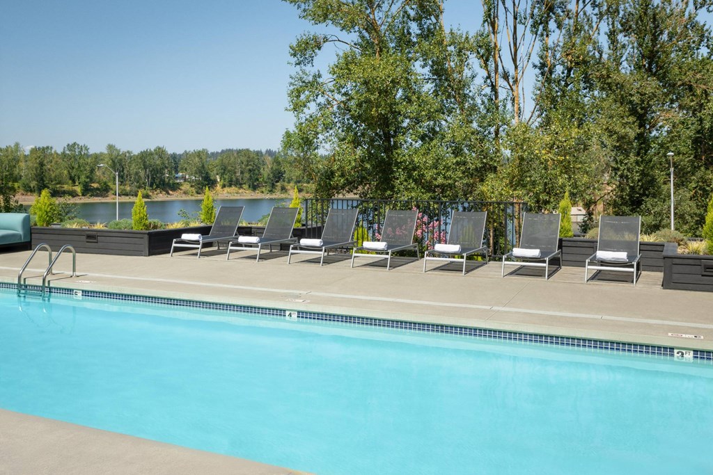 A pool with chairs around it and trees in the background.