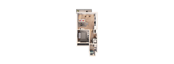 A floor plan of a small apartment with a kitchen, living room, and two bedrooms.