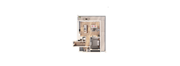 A floor plan of a small apartment with a kitchen, living room, and bathroom.