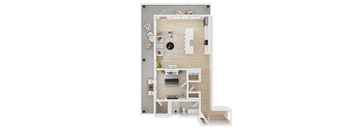 A floor plan of a house with a kitchen, living room, and two bedrooms.