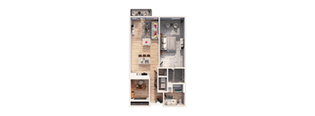 A floor plan of a small apartment with a kitchen, living room, and bathroom.
