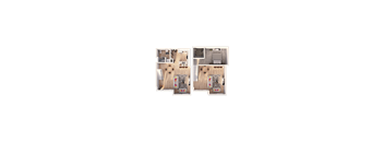 A floor plan of a two-bedroom apartment with a living room, kitchen, and bathroom.