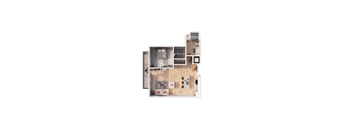 A floor plan of a small apartment with a kitchen, living room, and bathroom.