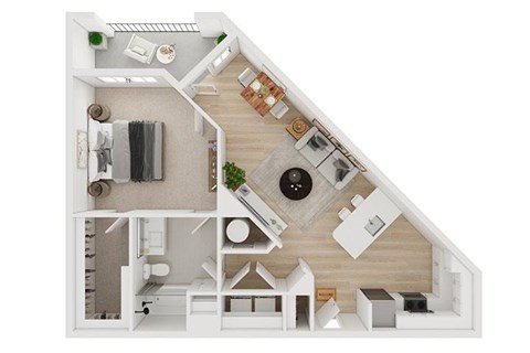 A top-down view of a house layout with a living room, kitchen, and bathroom.