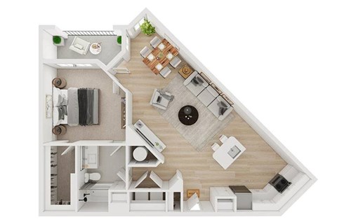 A top-down view of a house layout with a kitchen, living room, and bathroom.