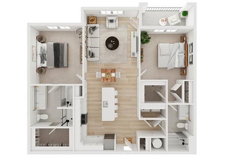 A top-down view of a small apartment with a kitchen, living room, and bathroom.