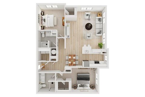 A top-down view of a small, neatly organized apartment with a kitchen, living room, and bedroom.