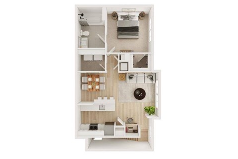 A top-down view of a small apartment with a kitchen, living room, and bathroom.