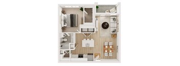 A top-down view of a small apartment with a kitchen, living room, and bathroom.